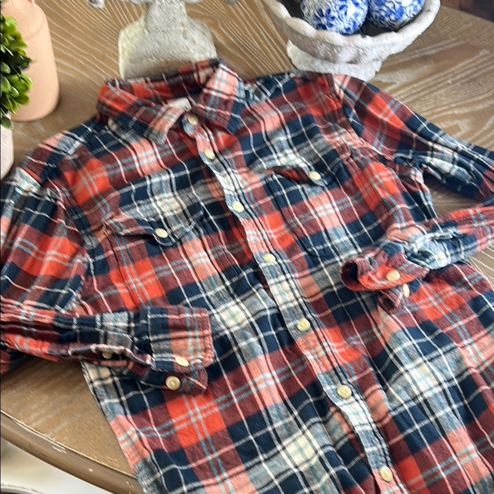 Men’s Orange & Blue Plaid Flannel Button-Up Shirt Small